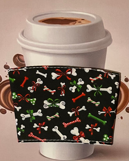 Festive Dog Bones Coffee Cup Cozies - Reversible