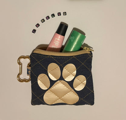 Gold Paw Poopie Bag Holder - Quilted Denim Pouch