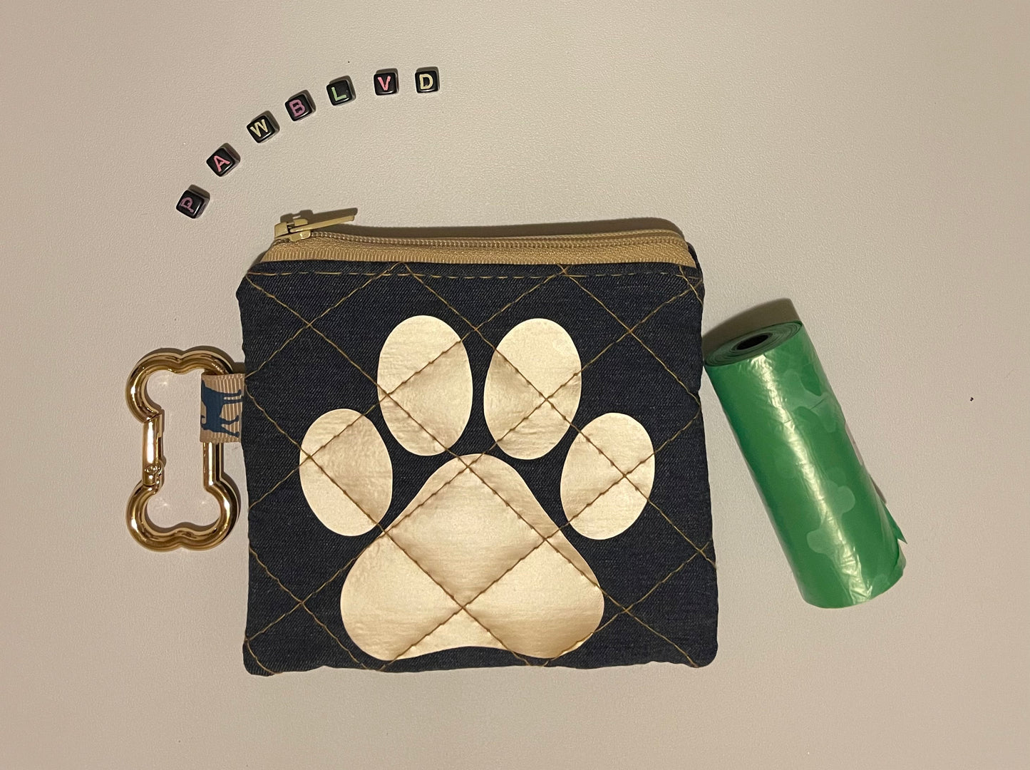 Gold Paw Poopie Bag Holder - Denim Pouch
