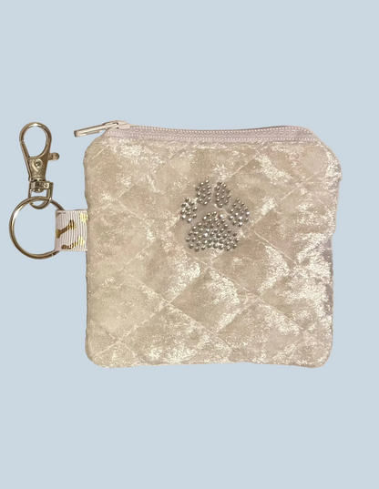 Rhinestone Paw Clip-On Quilted Velvet Pouch