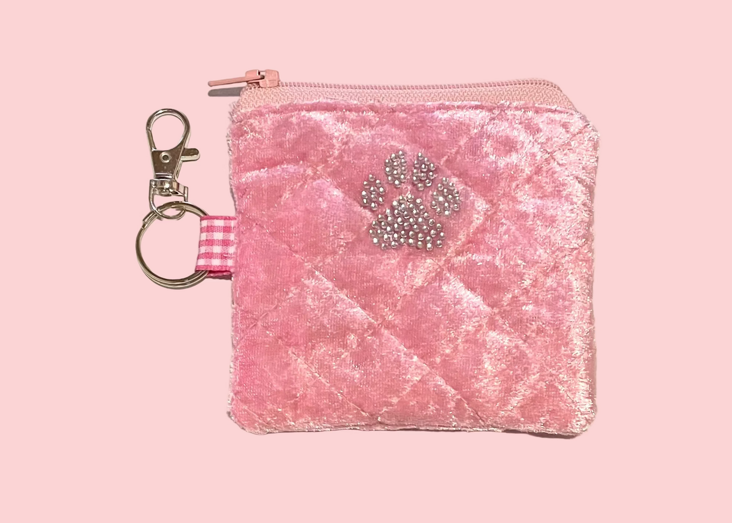 Rhinestone Paw Clip-On Quilted Velvet Pouch